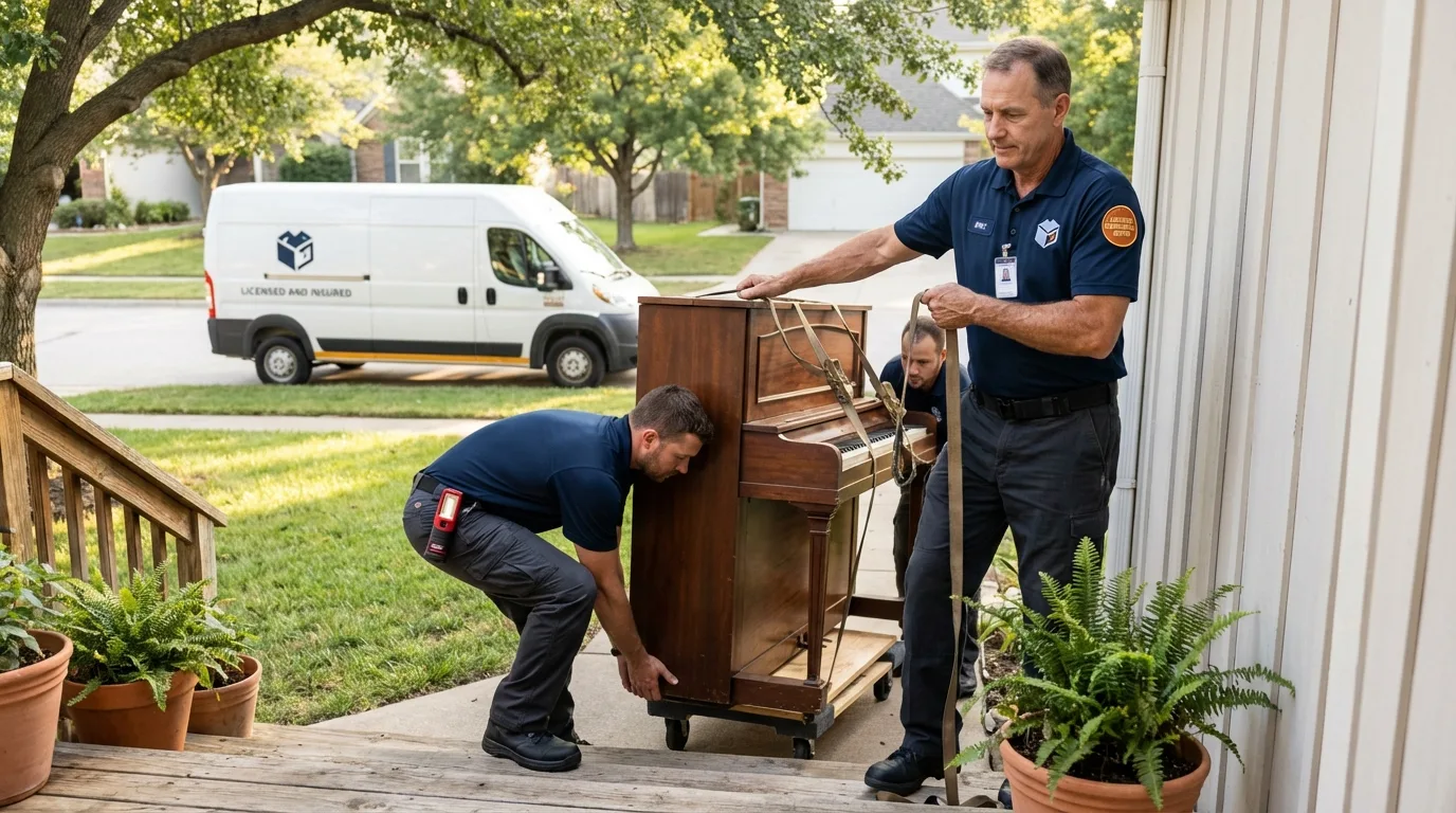 Licensed piano movers securing grand piano in Randolph, MA