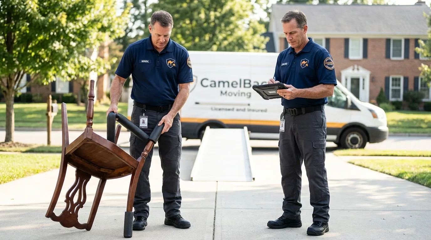 Movers inspecting furniture for damage prevention before loading in Randolph, MA