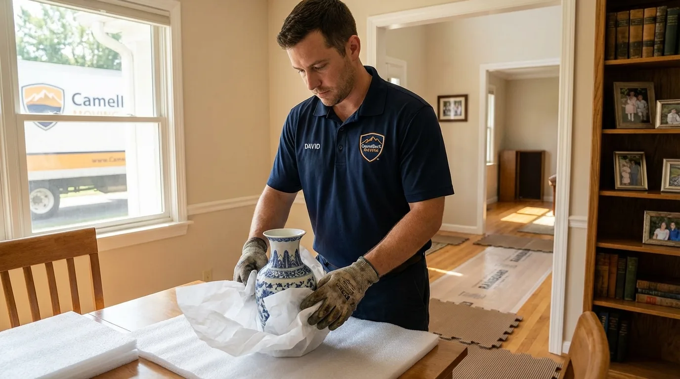 Professional crew carefully wrapping antique vase for senior downsizing move in Randolph, MA